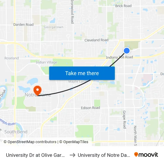 University Dr at Olive Garden to University of Notre Dame map