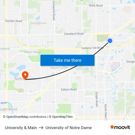 University & Main to University of Notre Dame map