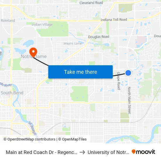 Main at Red Coach Dr - Regency Club Apts. to University of Notre Dame map