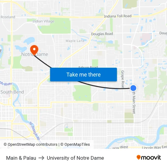 Main & Palau to University of Notre Dame map