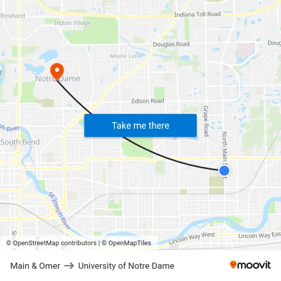Main & Omer to University of Notre Dame map
