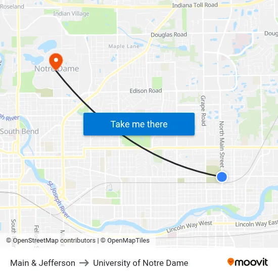 Main & Jefferson to University of Notre Dame map