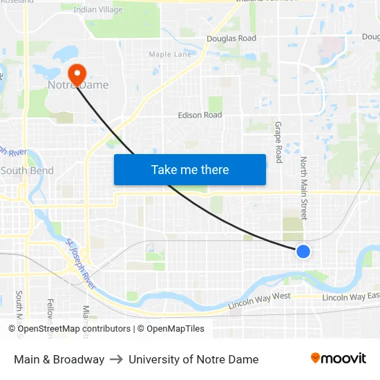 Main & Broadway to University of Notre Dame map