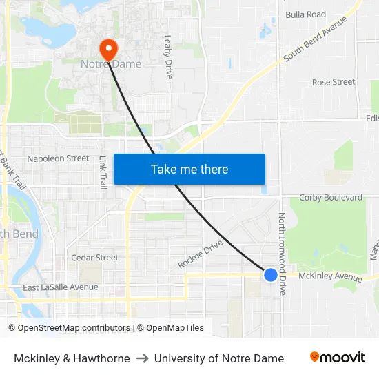 Mckinley & Hawthorne to University of Notre Dame map