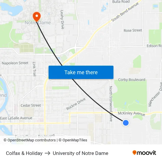 Colfax & Holiday to University of Notre Dame map