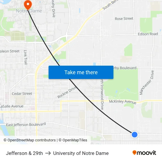 Jefferson & 29th to University of Notre Dame map