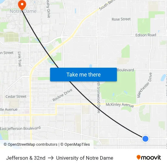 Jefferson & 32nd to University of Notre Dame map