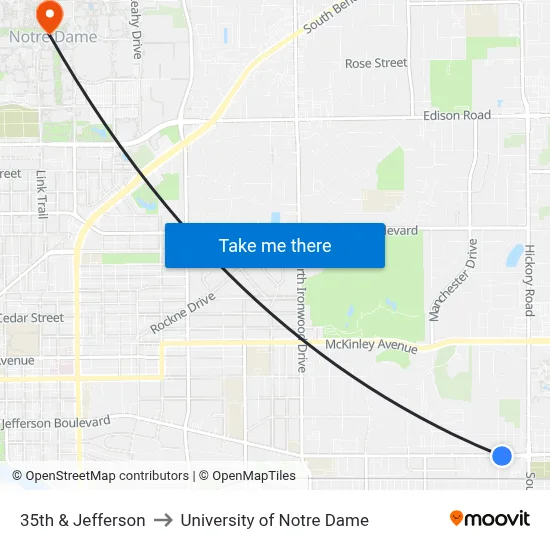 35th & Jefferson to University of Notre Dame map