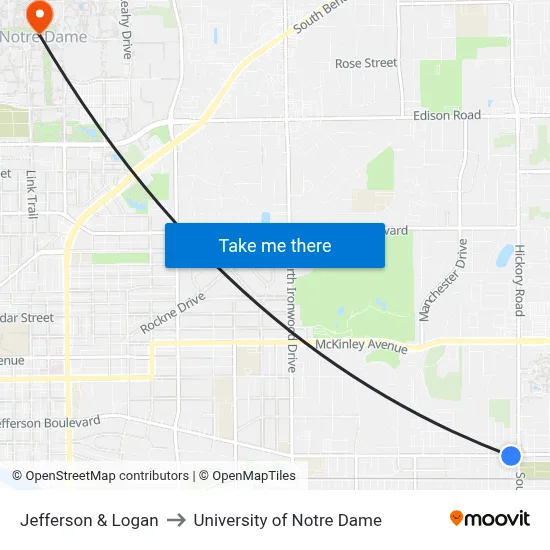 Jefferson & Logan to University of Notre Dame map