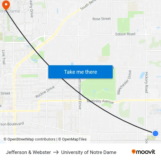 Jefferson & Webster to University of Notre Dame map