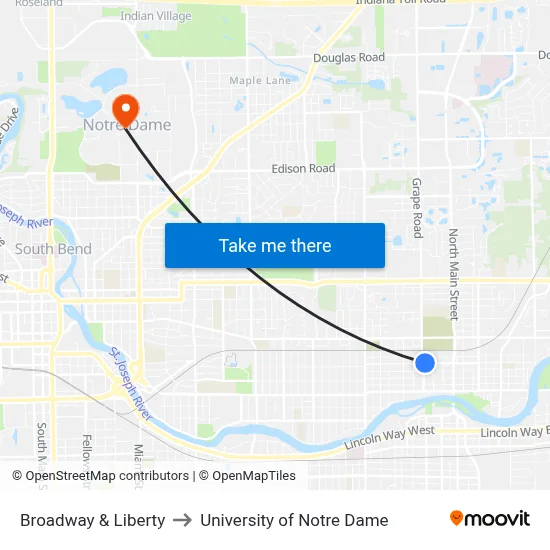Broadway & Liberty to University of Notre Dame map