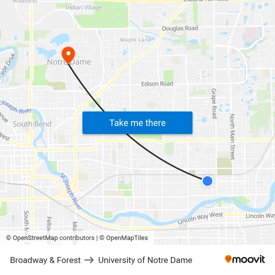 Broadway & Forest to University of Notre Dame map