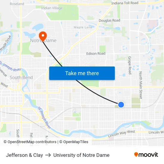 Jefferson & Clay to University of Notre Dame map