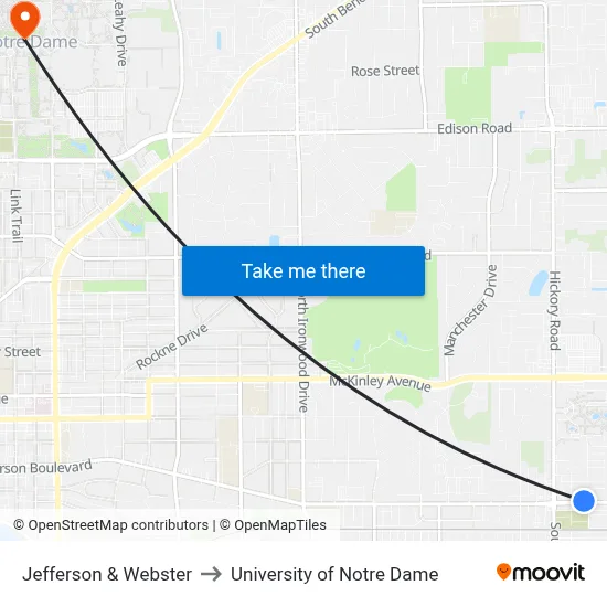 Jefferson & Webster to University of Notre Dame map
