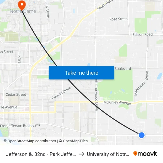 Jefferson &. 32nd - Park Jefferson Apts. to University of Notre Dame map