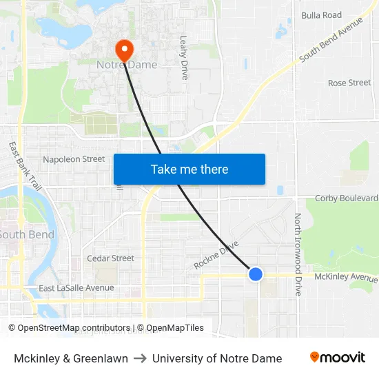 Mckinley & Greenlawn to University of Notre Dame map