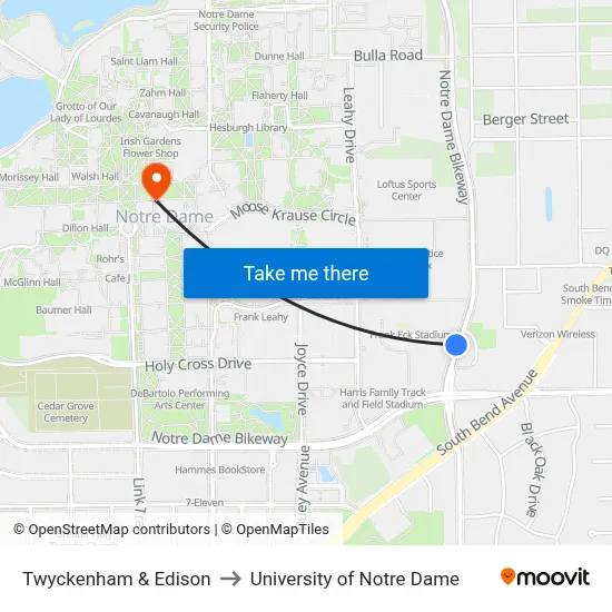 Twyckenham & Edison to University of Notre Dame map
