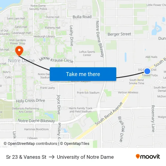 Sr 23 & Vaness St to University of Notre Dame map