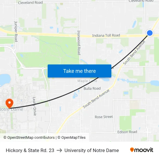 Hickory & State Rd. 23 to University of Notre Dame map