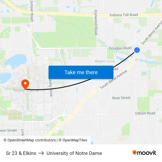 Sr 23 & Elkins to University of Notre Dame map