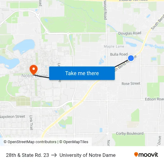 28th & State Rd. 23 to University of Notre Dame map