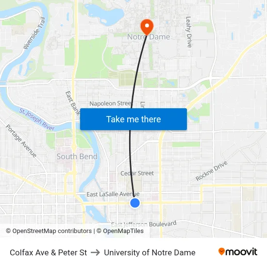 Colfax Ave & Peter St to University of Notre Dame map