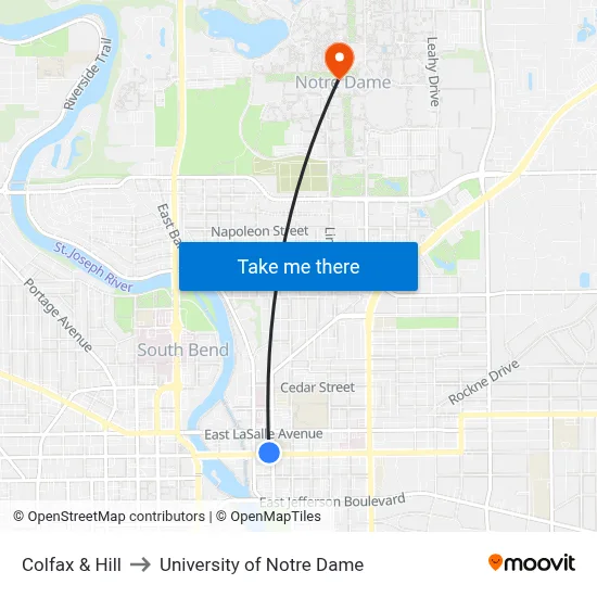 Colfax & Hill to University of Notre Dame map