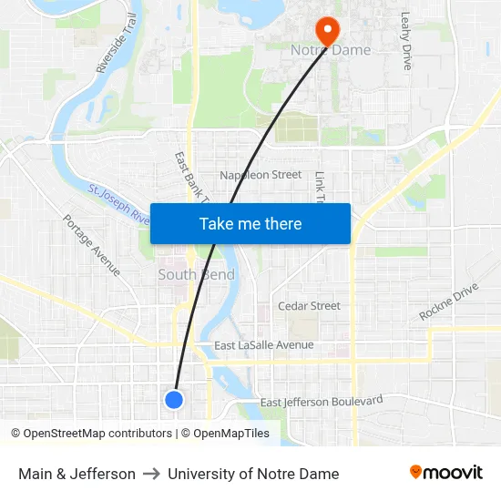 Main & Jefferson to University of Notre Dame map