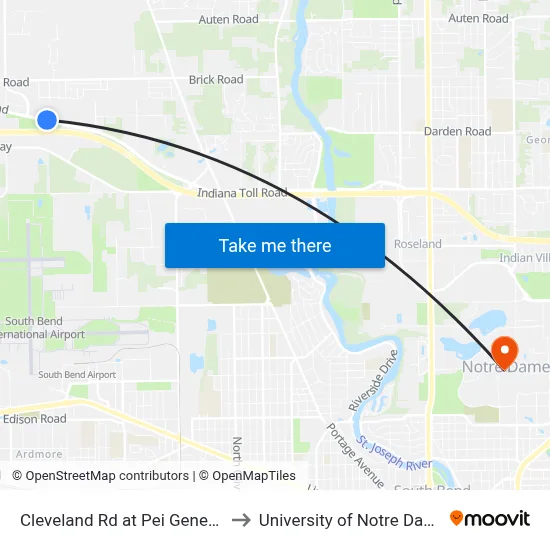 Cleveland Rd at Pei Genesis to University of Notre Dame map