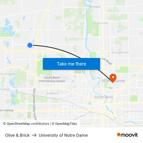 Olive & Brick to University of Notre Dame map