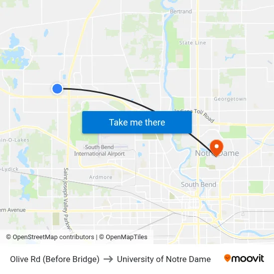 Olive Rd (Before Bridge) to University of Notre Dame map