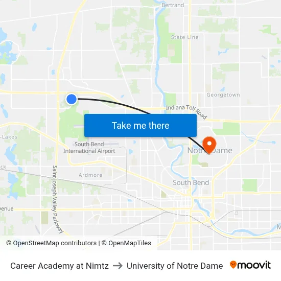 Career Academy at Nimtz to University of Notre Dame map