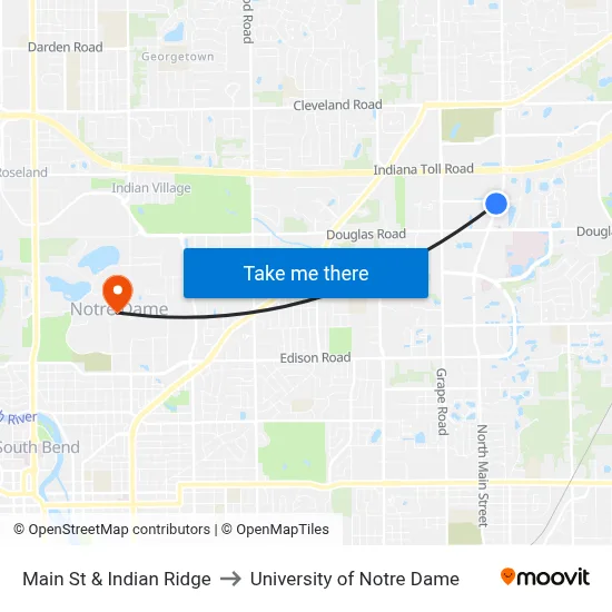Main St & Indian Ridge to University of Notre Dame map