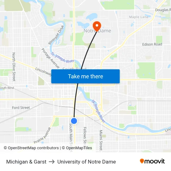 Michigan & Garst to University of Notre Dame map