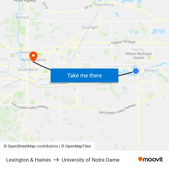Lexington & Haines to University of Notre Dame map