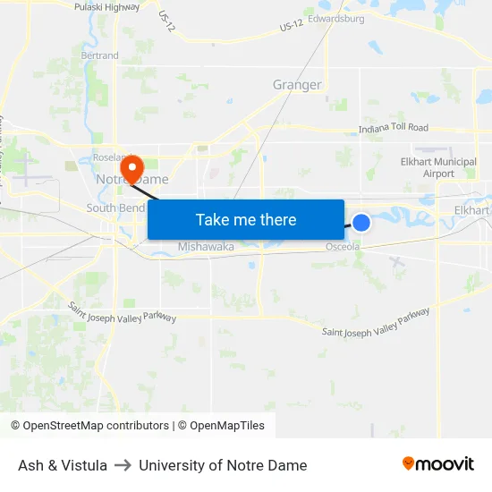 Ash & Vistula to University of Notre Dame map