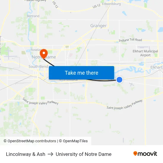 Lincolnway & Ash to University of Notre Dame map