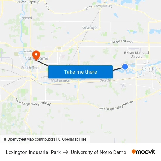 Lexington Industrial Park to University of Notre Dame map