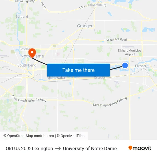 Old Us 20 & Lexington to University of Notre Dame map