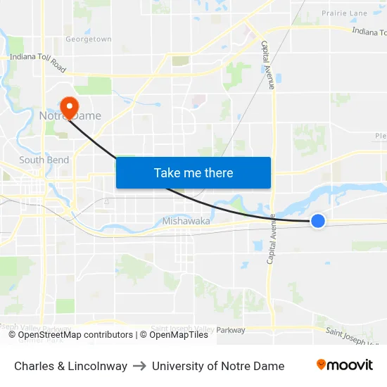 Charles & Lincolnway to University of Notre Dame map