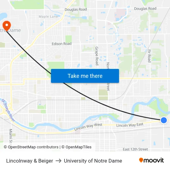 Lincolnway & Beiger to University of Notre Dame map
