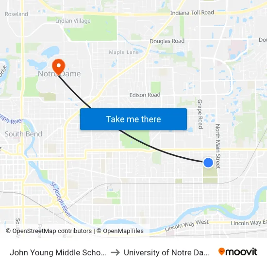 John Young Middle School to University of Notre Dame map