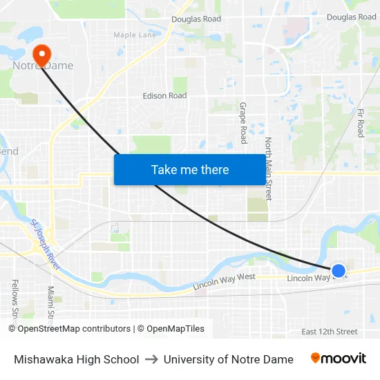 Mishawaka High School to University of Notre Dame map