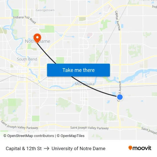 Capital & 12th St to University of Notre Dame map