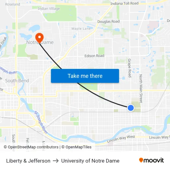 Liberty & Jefferson to University of Notre Dame map