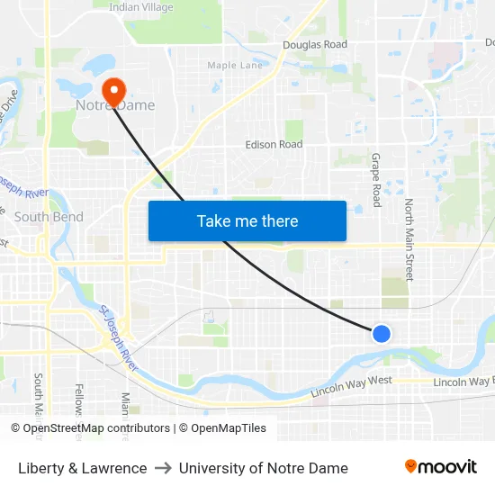 Liberty & Lawrence to University of Notre Dame map