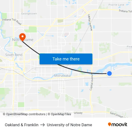 Oakland & Franklin to University of Notre Dame map