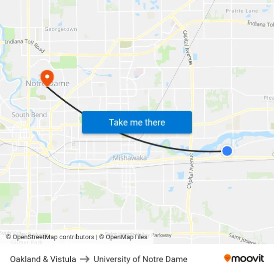 Oakland & Vistula to University of Notre Dame map
