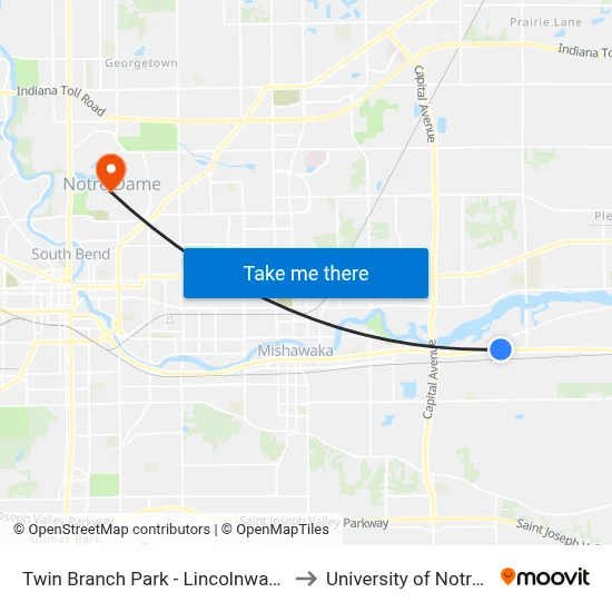 Twin Branch Park - Lincolnway & Ballard to University of Notre Dame map