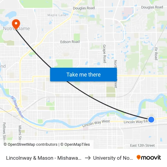 Lincolnway & Mason - Mishawaka High School to University of Notre Dame map